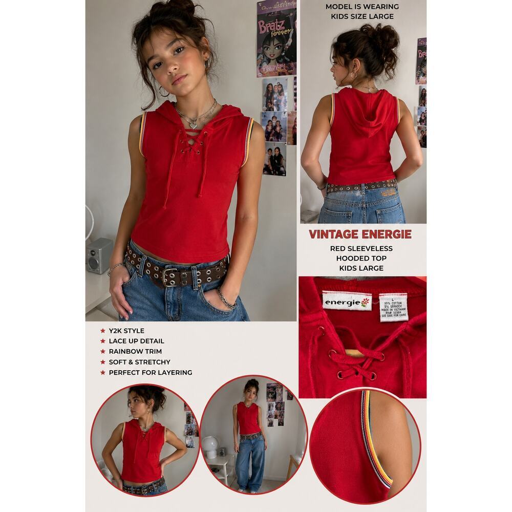 Vintage Energie Red Sleeveless Hooded Top Kids Large Y2K Lace Up Hoodie Tank